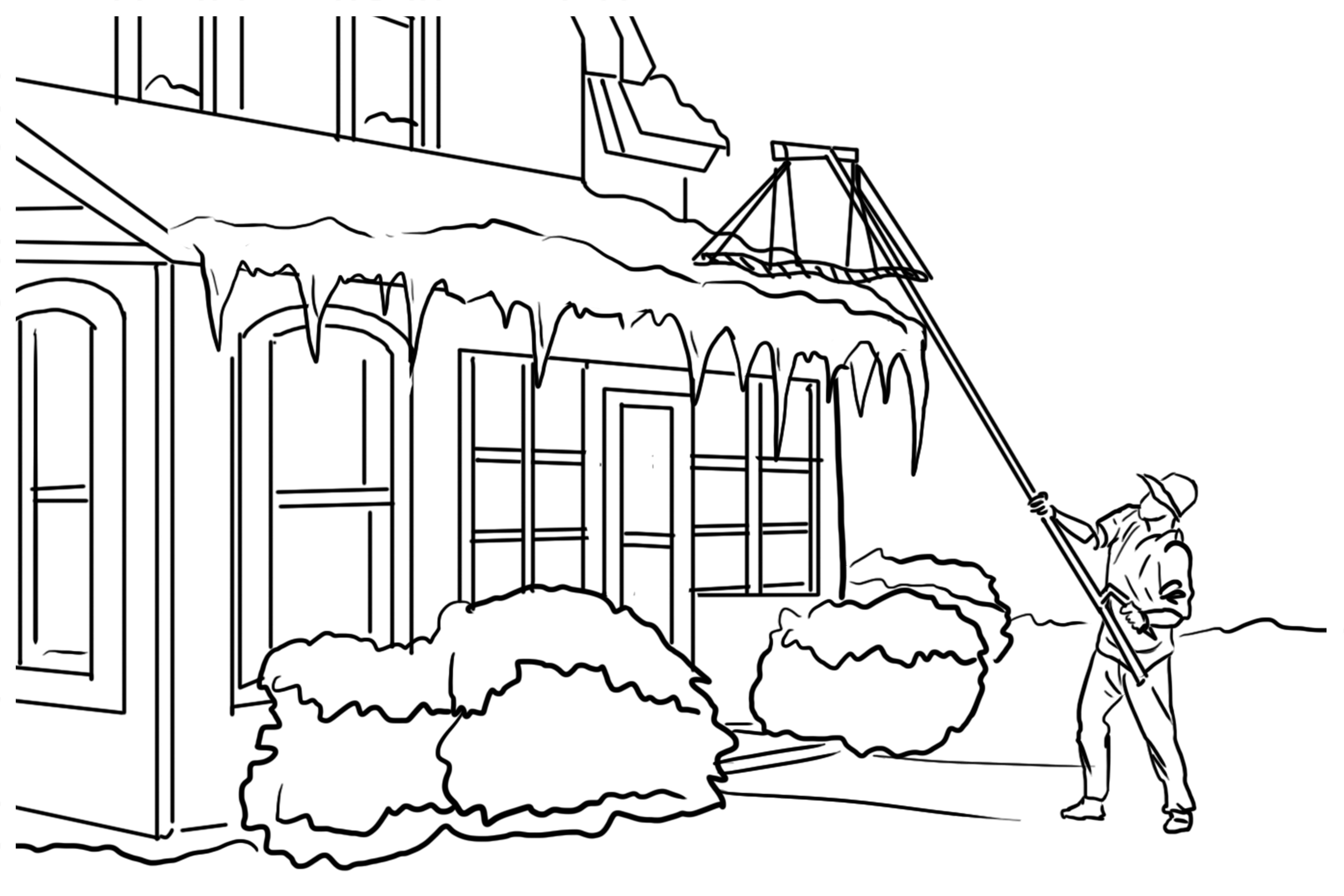 Illustration of a person placing The Ice Dam Remover on his roof.